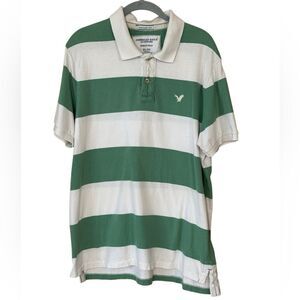 American Eagle Y2K Men's Green & White Striped Eagle Polo Shirt Size XL